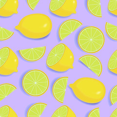 Bright vector seamless pattern with lemon, half lemon and sliced lemon. Tropical juicy lemon on lavender background.