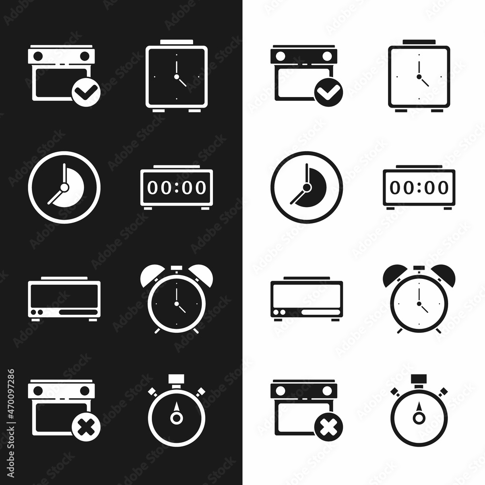 Poster set digital alarm clock, clock, calendar with check mark, alarm, stopwatch and date delete icon. vec