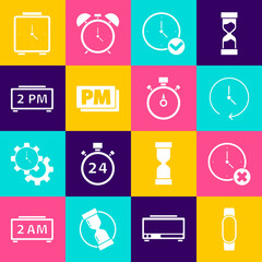 Set Smartwatch, Clock delete, PM, Digital alarm clock, Alarm and Stopwatch icon. Vector