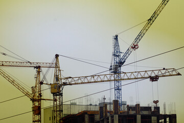 Tower cranes are working on the construction of a multi-storey building