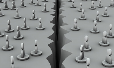 地割れによって、互いに交流できない分断。コンセプトイラスト。3Dレンダリング。