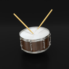 Wooden drum and drumsticks on a black background, 3d render