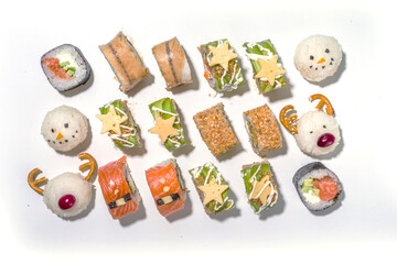 Christmas sushi set with funny decorated rolls like Xmas symbols – santa, deer, snowman, fir tree, Christmas sushi bar menu, festive delivery mock-up