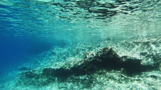 Scenic View Of Ionian Sea Reef In Kefalonia, Greece. Snorkeler's POV. Underwater