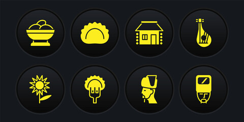 Set Sunflower, Bandura, Dumplings on fork, Ukrainian cossack, house, and Varenyky bowl icon. Vector