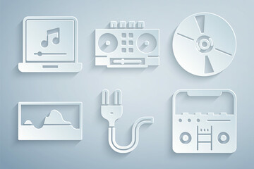 Set Electric plug, CD or DVD disk, Music wave equalizer, Home stereo with speakers, DJ remote and mixing music and Laptop note icon. Vector