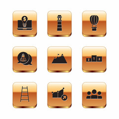 Set Light bulb with dollar on laptop, Stair finish flag, Financial growth, Mountains, Startup project concept, Hot balloon, Users group and Lighthouse icon. Vector