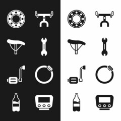 Set Wrench spanner, Bicycle seat, ball bearing, handlebar, pedal, brake disc, speedometer and Sport bottle with water icon. Vector