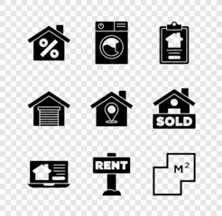 Set House with percant discount, Washer, contract, Online real estate house, Hanging sign Rent, plan, Garage and Location icon. Vector