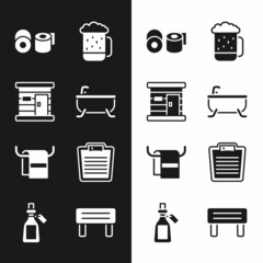 Set Bathtub, Sauna wooden bathhouse, Toilet paper roll, Wooden beer mug, Towel on hanger, Bathroom scales, bench and Essential bottle icon. Vector