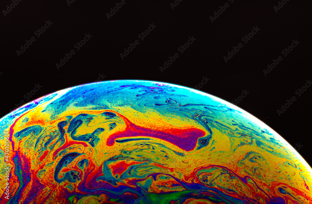 Wall mural virtual reality space with abstract multicolor psychedelic planet. closeup soap bubble like an alien