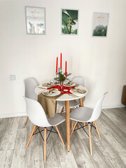 dining room, christmas table setting, new year, holiday, table and chairs, interior