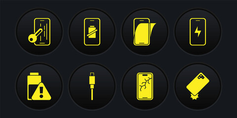 Set Smartphone battery charge, Mobile charging, USB cable cord, with broken screen, Glass protector, Shockproof and icon. Vector