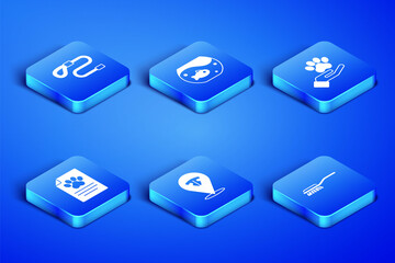 Set Hair brush for dog and cat, Retractable cord leash, Cat nose, Clinical record pet, Aquarium with fish and Hands animals footprint icon. Vector