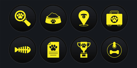 Set Fish skeleton, Pet first aid kit, Clinical record pet, award, Cat nose, food bowl, Dog collar and Veterinary clinic icon. Vector