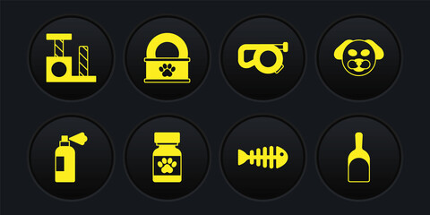 Set Pet shampoo, Dog, Medicine bottle and pills, Fish skeleton, Retractable cord leash, Canned food, Dustpan and Cat scratching post icon. Vector
