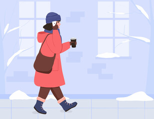 Smiling girl  in a warm coat, hat and gloves walks down the street and talks on the phone. Coffee in his hand, a bag on his shoulder. Vector illustration in flat style