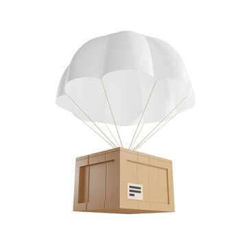 3D Wooden Crate Delivering By Parachute, Isolated Illustration On A White Background, 3D Rendering