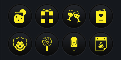 Set Clown head, Postcard with heart, Lollipop, Ice cream, Glass of champagne, Gift box, Calendar party and Cocktail icon. Vector