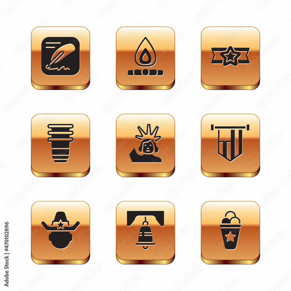 Sticker Set Declaration of independence, Sheriff cowboy, Liberty bell Philadelphia, Statue, Paper glass, Star American military, Ice cream waffle cone and Campfire icon. Vector