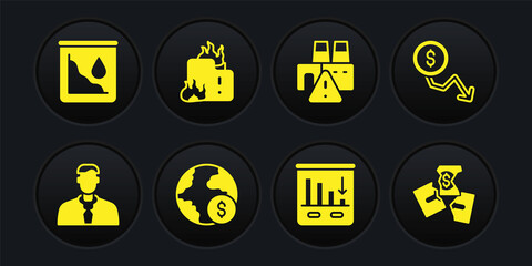 Set Worker, Dollar rate decrease, Global economic crisis, Pie chart infographic, Shutdown of factory, Fire burning house, Tearing money banknote and Drop crude oil price icon. Vector