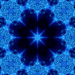 Christmas seamless pattern. Luxury futuristic wrapping. Blue ornament. Black background. Blue light. Glow. Modern pattern for packing. Holiday. Merry Christmas! Happy New Year!