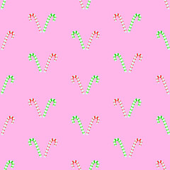 red and green striped candy cane christmas seamless pattern on pink background