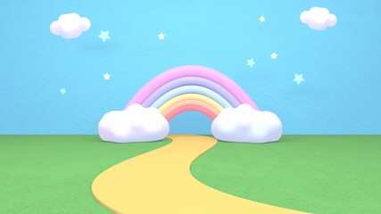 3d rendered cartoon rainbow and road.