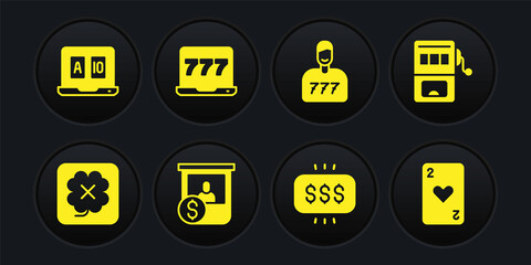Set Casino slot machine, Slot, chips exchange, Money prize casino, Lucky player, Laptop and, Playing card with heart and Online poker table game icon. Vector