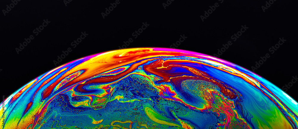 Wall mural virtual reality space with abstract multicolor psychedelic planet. closeup soap bubble like an alien