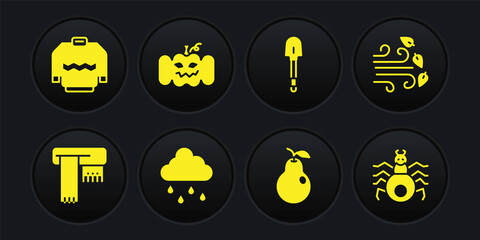 Set Winter scarf, Windy weather, Cloud with rain, Pear, Shovel, Pumpkin, Spider and Sweater icon. Vector