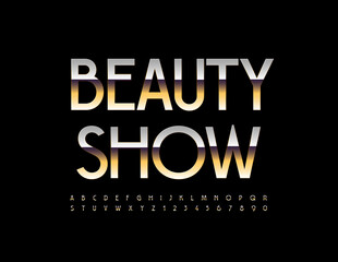 Fototapeta na wymiar Vector luxury Emblem Beauty Show. 3D Elegant Golden Font. Chic Alphabet Letters and Numbers set