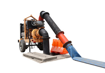 Large towing pump installed in the corridor above the sewer with white background. Isolated.