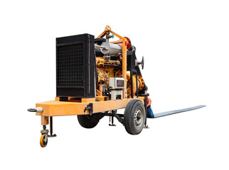 Large towing pump installed in the corridor above the sewer with white background. Isolated.