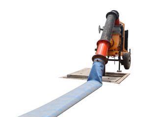 Large towing pump installed in the corridor above the sewer with white background. Isolated.