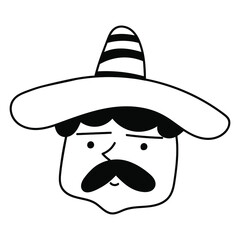 Face of Mexican man wearing traditional hat. Outline icon illustration on white background. 