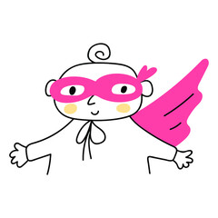 Toddler wearing costume of superhero. Vector outline illustration on white background.