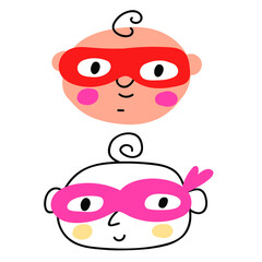 Faces of baby wearing superhero masks. Vector icon illustrations on white background.