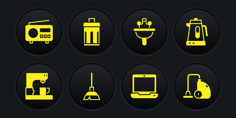 Set Coffee machine, Electric kettle, Handle broom, Laptop, Washbasin, Trash can, Vacuum cleaner and Radio icon. Vector