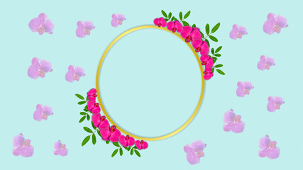 Beautiful pink tropical rose flower frame isolated on blue pastel background.with golden circle frame. copy space concept, design, text