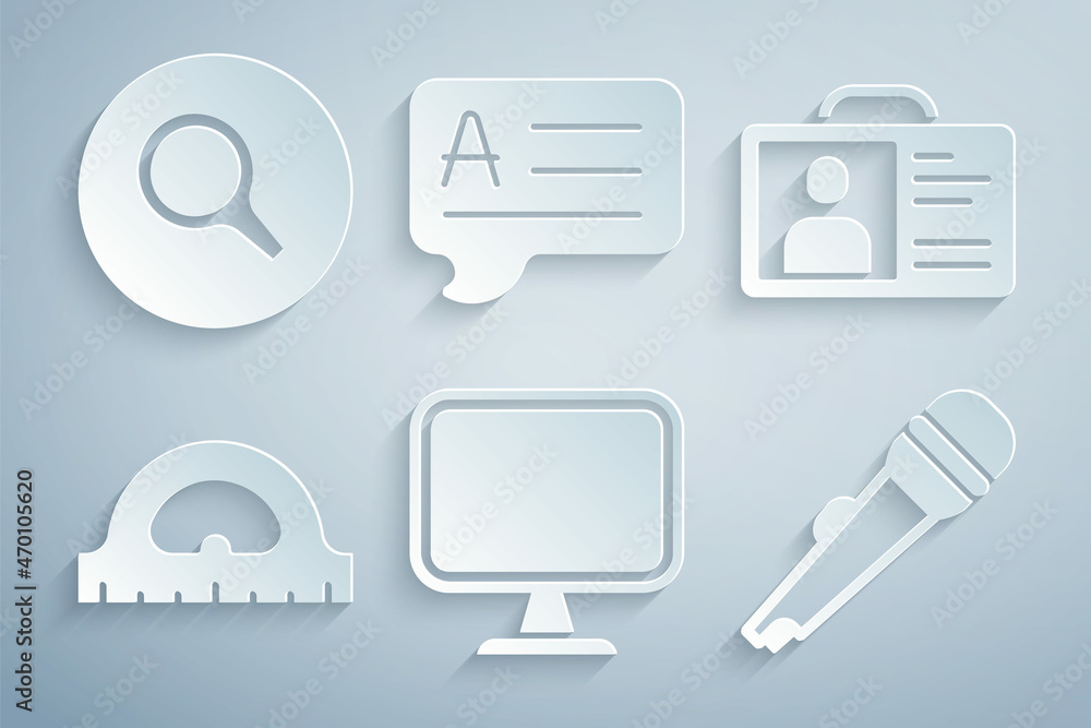 Poster set computer monitor, identification badge, protractor grid, microphone, speech bubbles with answer 