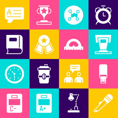 Set Microphone, USB flash drive, Stage stand, Chemical formula, Medal with star, Book, Speech bubbles Answer and Protractor grid icon. Vector
