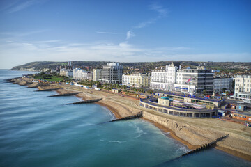 Eastbourne Bandstand on the Seafront of Grand Parade at this popular seaside resort in Southern England. Aerial view.