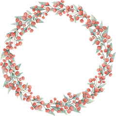 Hand drawn watercolor Christmas illustration with holiday composition. A wreath of branches with red berries for cards, design, prints, invitations.