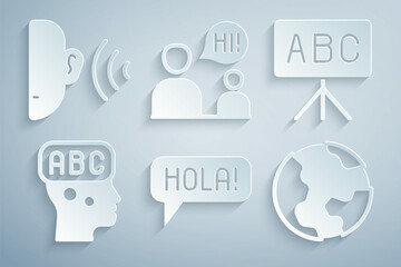 Set Hola in different languages, Chalkboard, Learning foreign, Earth globe, Two sitting men talking and listen sound signal icon. Vector © vector_v