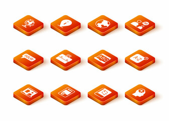 Set Foreign language online study, Exam sheet with A plus grade, Hola different languages, Briefcase, Translator book, Head gear inside and Online translator icon. Vector © vector_v