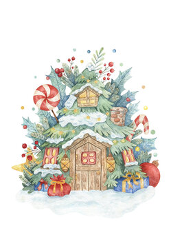 Hand drawn watercolor Christmas illustration with fairy house covered in snow. Art with Christmas tree, candies, stars, gifts, leaves and berries for cards, design, prints, decoration.