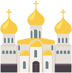 Old Orthodox Church isolated on white background. Temple vector classic cathedral illustration. Religious building in style of ancient architecture, traditional prayer house, dome with cross on roof