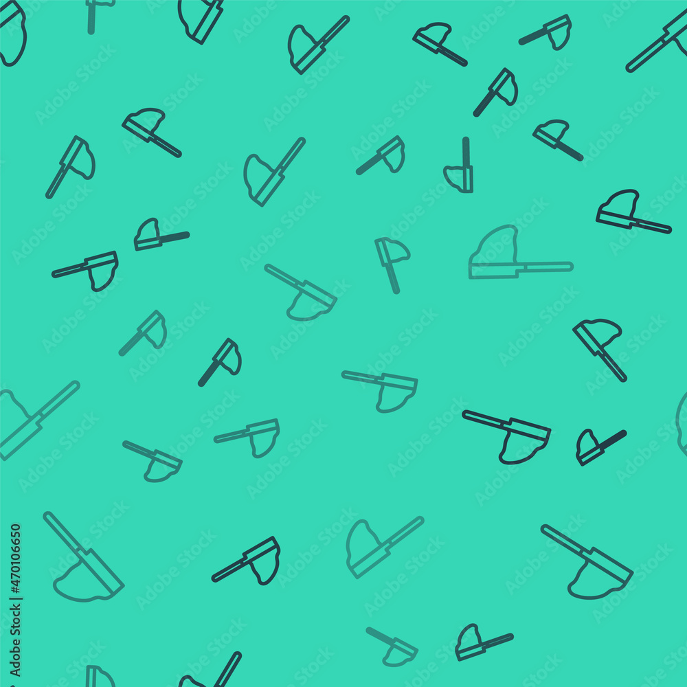 Poster black line fishing net with fish icon isolated seamless pattern on green background. vector