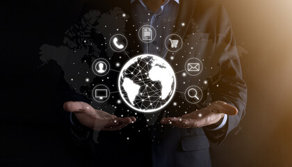 Business man hiold, use,press infographic icon of community technology digital.Concept of hi tech and big data. Global connection.IoT Internet of Things . ICT Information Communication Network .